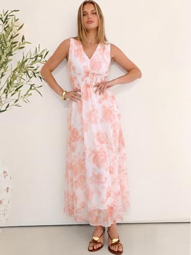 Image of ANRABESS Women's Floral Tulle Wedding Guest Maxi Dress | V Neck Sleeveless,A-Line Elastic Waist,Casual Flowy Formal Boho,Bridal Shower Garden Party Beach Vacation,Summer Fall