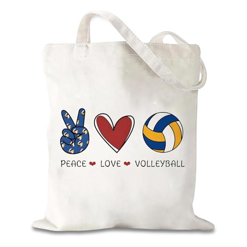 Cunegra Volleyball Zubehör Tragetasche Volleyball Geschenke für Frauen und Mädchen Canvas Einkaufstasche Shopper Tasche Damen Doppelseitige Stoffbeutel Bedruckt Peace Love Volleyball 40×35CM