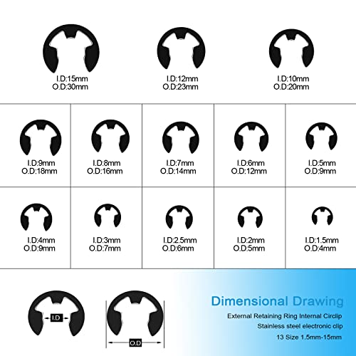 HSEAMALL 400 STÜCKE Sicherungsring Externe Sicherungsring E-Clip 1,5mm-15mm 13 Größe Snap Öffnungsring Sicherungsring