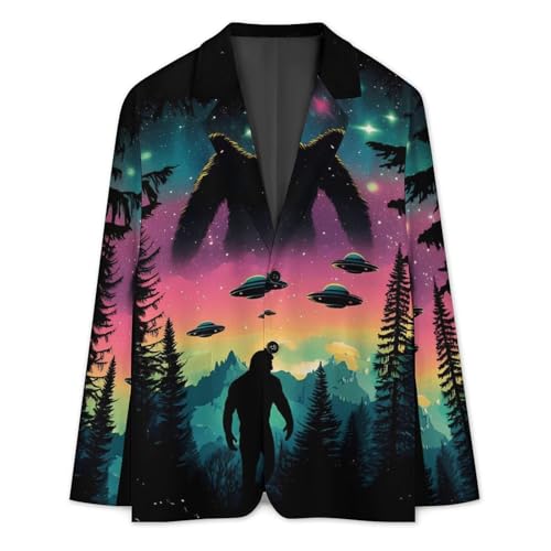 Bigfoot and Aliens Mens Suit Jacket Lapel Blazers V Neck Button Business Coat Tuxedo for Wedding Party3