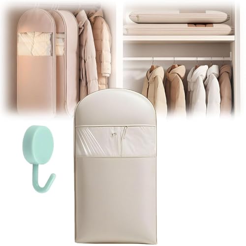 Space Saving Hanging Garment Bag with Self Compression Zipper, Otherwisie Space Saver Hanging Garment Bags, Dust Cover Clothes Bags Travel Organizer for down Coat Suit (beige, L)