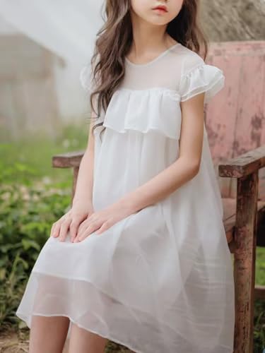 New 4-12Years Girls White Dress Boho Flutter Sleeve Flowy A-Line Tulle Party Dress4