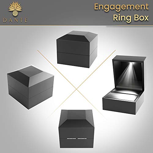 DANTE Luxury Engagement Ring Box With Light - Plush Velvet Wedding Case - Automatic LED Light Up Box - Premium Black - Ideal for Proposal, Anniversary