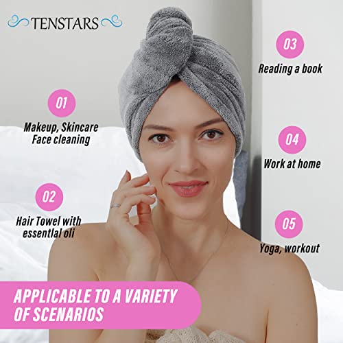 Tenstars 5 Pack Thicken Microfiber Hair Towel Wrap For Women - Elastic Loop Design - 320Gsm Coral Velvet - Quick Dry Hair Turban - 11X28 Inch (Grey+Pink+Brown+Frozenblue+Frozenberry) #TOP4