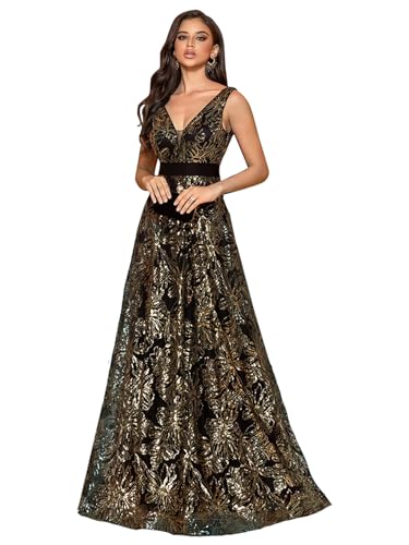 Ärmelloses Damenkleid mit Glitzer-Pailletten, langes formelles Aline-Ballkleid für Ankerfrau, Bodenlanges Abendkleid, Schwarz Gold, Klein