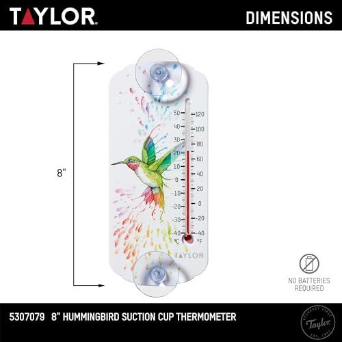 Image of Taylor Rainbow Hummingbird Indoor Outdoor Suction Cup Thermometer, Decor for Patio, Pool, or Garage, Window Thermometer, 8-inch, Multi