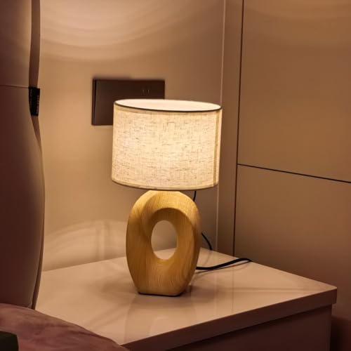 Ceramic Table Lamp,Bedside Lamp For Bedroom,Small Cute Bedside Lamp With Linen Beige Lampshade,Nightstand Lamp For Nursery, Kid Room, Living Room,Light Yellow Wood Grain Base, E26 Socket, 12. - Image 3