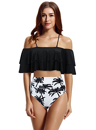 zeraca Women's High Waisted Bottom Off The Shoulder Ruffle Crop Bikini Bathing Suits