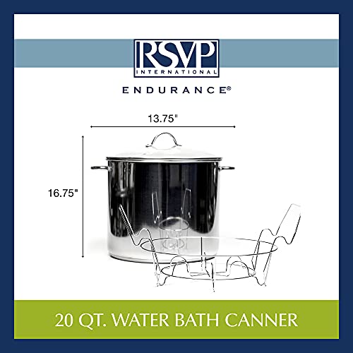 RSVP International Endurance Water Bath Canner, Stainless Steel, 20 Quart | Includes 7 Jar Canning Rack | Can Fruits, Vegetables, Jams, Pickles & More | Dishwasher Safe & Heat Resistant