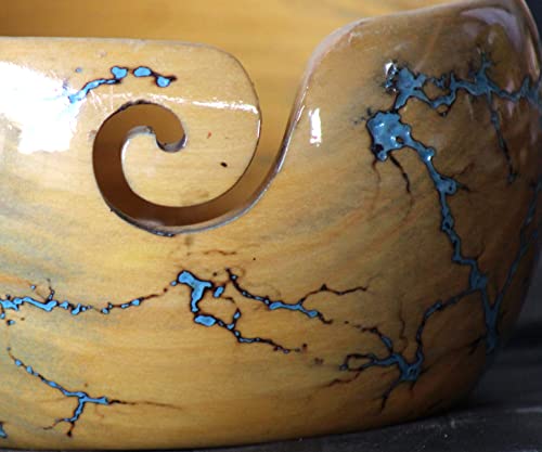 Image of Lichtenberg Figure Yarn Bowl - Handmade Wooden Yarn Bowl for Knitting Yarn Ball Holder - Yarn Bowls with Holes Crochet Bowl Holder - Yarn Storage Bowl 7 inch x 4 inch inches (Sky-Blue-B)