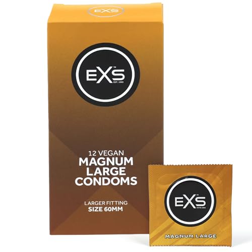 EXS Magnum Large Condoms (12 Pack) Premium Latex Large Condom for Men with Non-Spermicidal Lube Straight-Walled with Teat PETA-Approved Vegan 3 Year Life - CE Marked NHS Approved Male Condoms