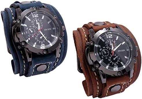 Nishiyuenyi 2Pieces Vintage Style Wrist Watch Wide Leather Belt Strap Roman Numeral