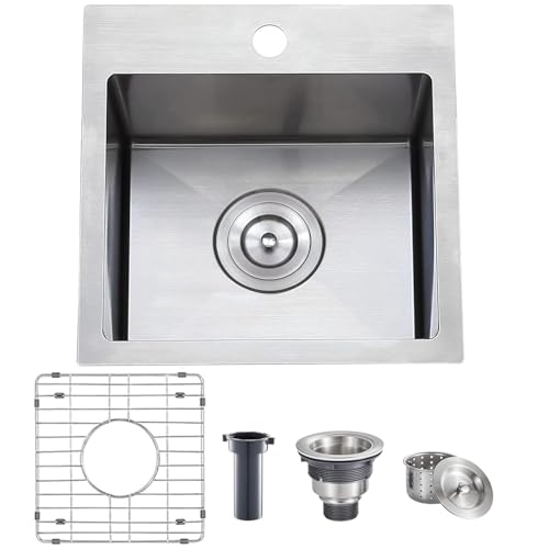 Image of SHACO 15x15 Inch Drop In Bar Sink, Topmount 16 Guage Handmade Stainless Steel Square Small Sink for Wet Bar Prep Small Kitchen RV Outdoor