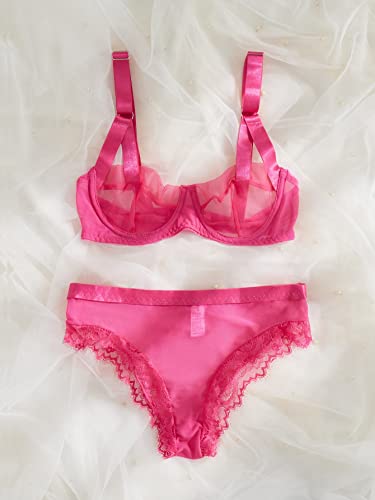 Cozyease Women's 2 Piece Contrast Lace Underwire Lingerie Set Mid Rise Sheer Plain Lingerie Set Hot Pink L #TOP4