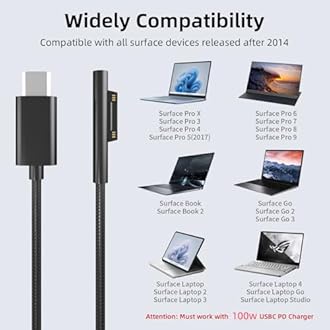 PD100W Surface to USB C Charging Cable Compatible with Surface Pro Laptop Microsoft Surface Pro 11/10/9/8/7+/7/6/5/4/3/X Windows Surface Go 6/5/4/3/2 Tablet Surface Book Support 65W/45W,2-Pack 6FT