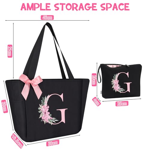 Vavabox Tote Bag, A-Z Initial Monogrammed Waterproof Tote Bag, Bridesmaid Gifts for Women, Black and Pink (G, Black Set) — view 2