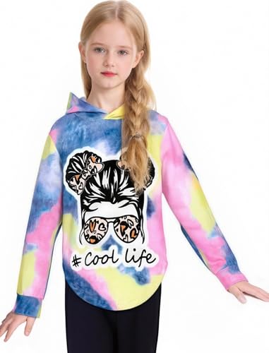 Image of Girls 2 Pcs Fall Winter Tie Dye & Leggings Outfits For Teens 5-14 | 2026 Girls Fashion Trendy, Long Sleeve Hoodie, Cool Life Print, Patchwork Pants, Back to School Holiday Tracksuit