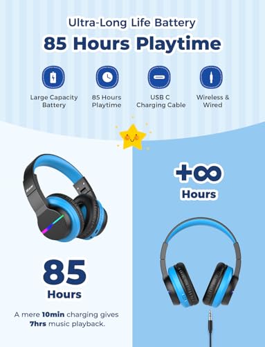 Image of iClever BTH12 Kids Bluetooth Headphones,Colorful LED Lights Wireless Kids Headphones,74 /85 /94dB Volume Limited,55H Playtime,Bluetooth 5.2,Over Ear Headphones with Mic for iPad /Tablet /Traveling,Black