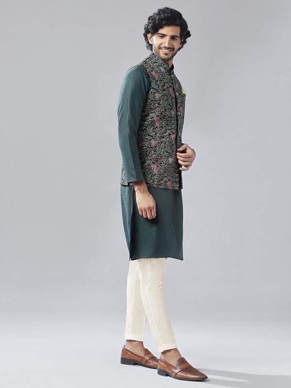 Kisah Kurta Jacket Set For Men  Printed Pure Cotton Ethnic Set With Trouser | Traditional Indian Outfit For Weddings, Festive & Semi-Formal Wear, Black, 44