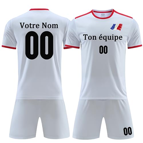 OPUTWDF Maillot Football Personnalisé Nom Numéro Logo de l'équipe Blanc, Taille S, Unisex Enfant, Manche Courte, Polyester, Respirant, Extensible, Absorbant...