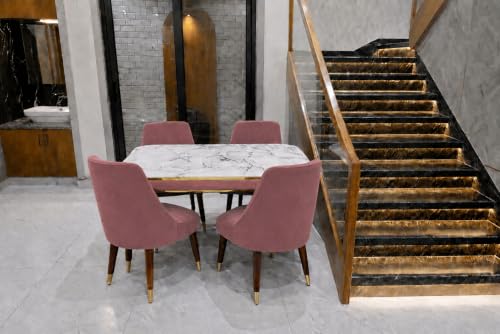 Image of WOODEN SPACE 4 Seater Wooden Dining Table Set | Urban Marble Top Dining Table with Chairs for Dining Room & Kitchen (Modern Frontline Dark Pink) (54 x 36 x 30 inch)