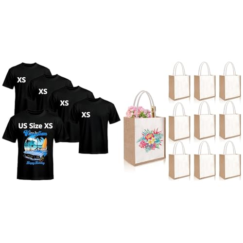 Joyclub Bundle of 5 PCS Black Blank t Shirts and 10 Pack Burlap Tote Bags