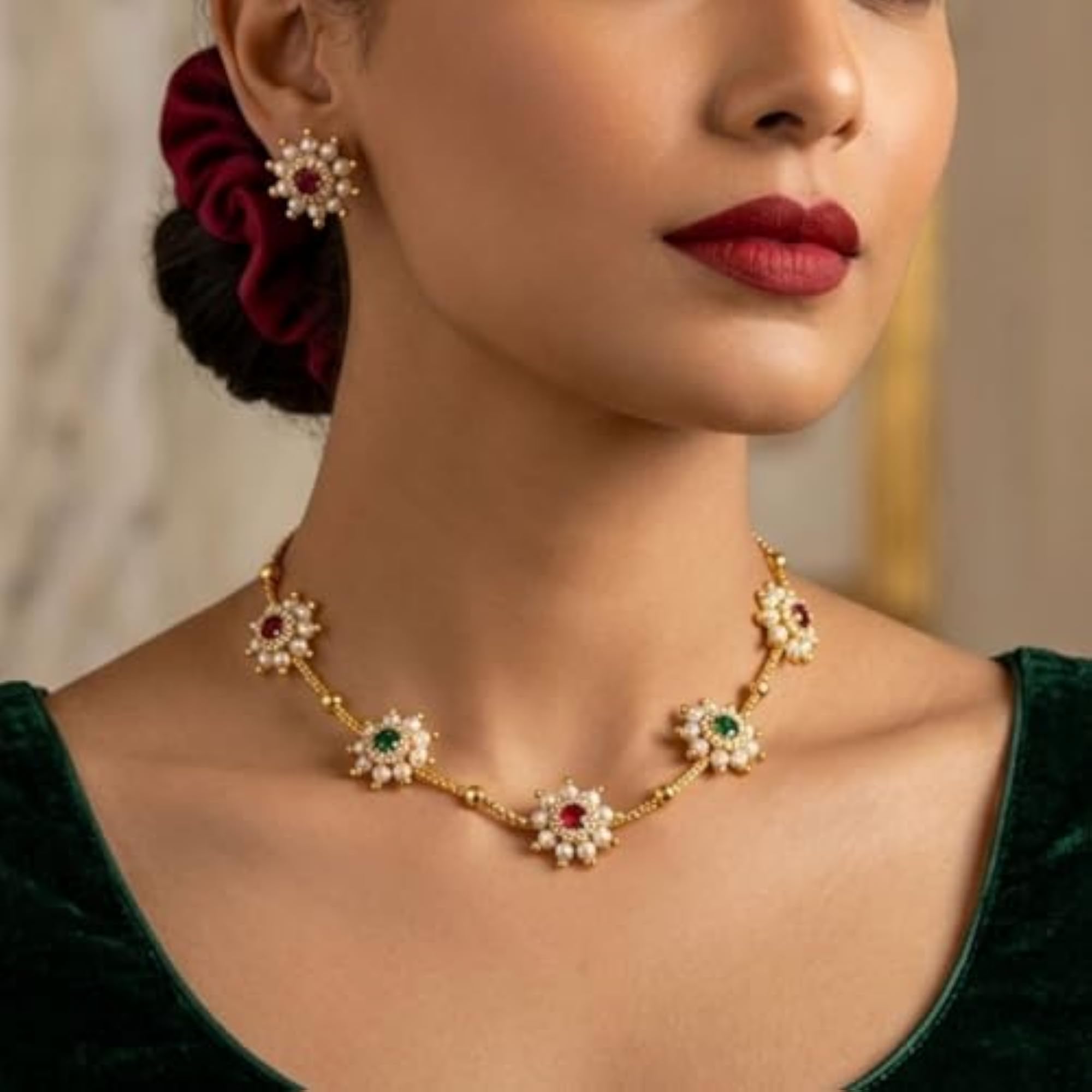 Gold Plated Floral Necklace Set with Earrings