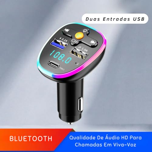 Carregador Transmissor Adaptador FM Bluetooth Para Carro Acendedor Veicular LED Dupla Entrada USB Ca