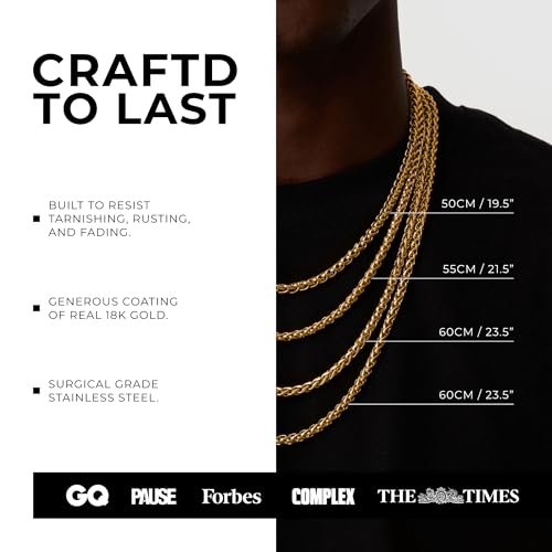 CRAFTD | Gold Wheat Link Chain | Durable 18K Gold & 316L Stainless Steel | Waterproof, Heat & Sweat Resistant | Gifts for Men | Men's Jewelry |4