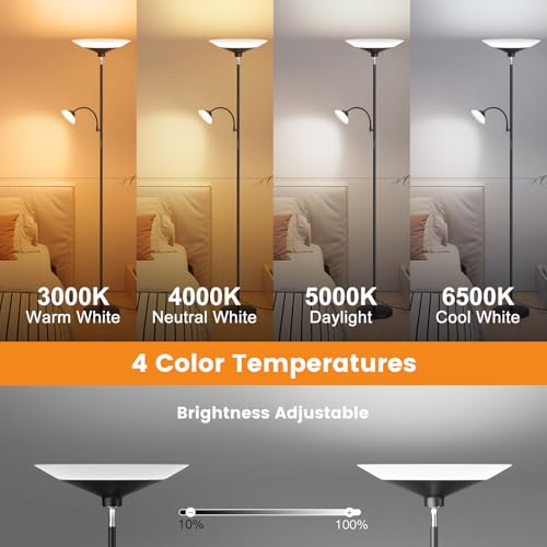 Image of SIBRILLE Upgraded 2-in-1 Torchiere Floor Lamp, Dimmable Standing Lamp with Remote&Button Control, 34W Brightness Adjustable Floor Reading Light, Black Modern Corner Lamp for Living Room Bedroom Office
