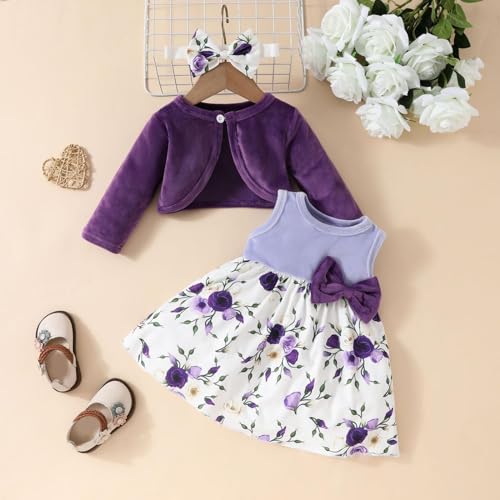 2PCS Little Toddler Girls Dress with Cardigan Floral Dresses Ruffle Shrug Sweaters Kids Girls Fall & Spring Clothes 5