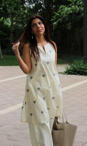 Image of ANNI Designer Kurta Set for Women Cotton Blend Embroidered | Kurti Set for Woman | Farshi Salwar Suit Kurta Palazzo Outfit | Round Neck V Slit Sleeveless Regular Fit Ethnic Dress Stylish Clothing