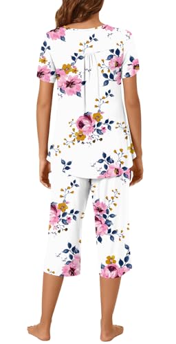 Image of Womens Summer Pajama Sets 2 Piece Short Sleeve Top and Capri Pants Plus Size Ladies Lounge Pjs Sets with Pockets