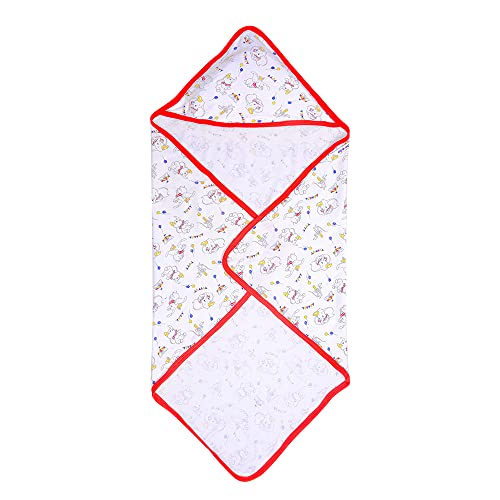 Image of pom-pom SWEET HEARTS Cotton Hooded Swaddle Wrapper for New Born Baby | Two Layer Wrapper /Blanket /Receiving Blanket | Soft, Lightweight and Travel Friendly | (Party)(0-6 Months)