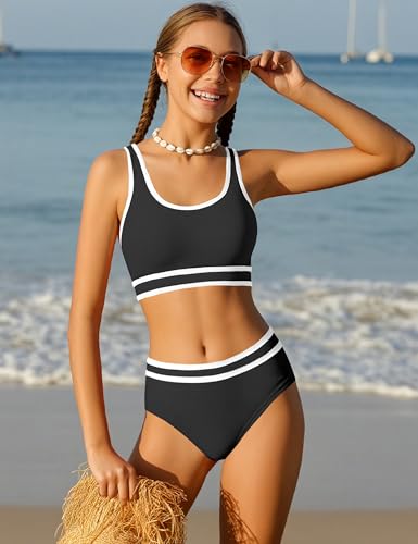 Girls Swimsuit Double Strap High Waist Sporty Bikini Swimsuits Swim Cover Up Skirt 3 Piece Set3