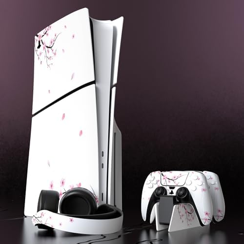 PlayVital Full Set Skin Sticker for ps5 Slim Console Disc Edition (The New Smaller Design), Vinyl Decal Cover for ps5 Controller & Headset & Charging Station & Media Remote - Falling Cherry Blossom - 4