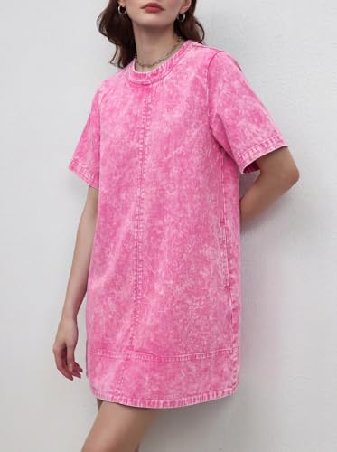 Image of LifeShe Denim Dress for Women Summer Casual Short Sleeve Chambray Mini Jean Dresses with Pockets