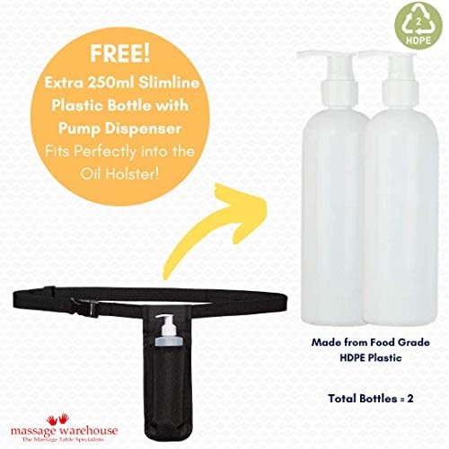 Adjustable Massage Oil Bottle Waist Holster  Durable Stitching & Heavy-Duty Belt + Fasteners. Reusable for Massage Oils & Lotions + Holds 250ml + 2 Bottles Included + 2 Sealable Pump Dispensers