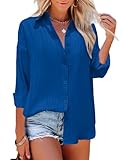 HOTOUCH Royal Blue Button Up Shirts for Women Casual Long Sleeve Blouse Loose fit Collared Shirt Spring Textured Top S