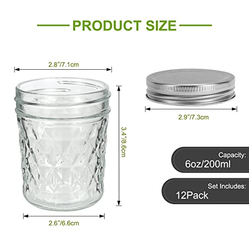 Yishik 6OZ Mason Jars with Silver Lids,12 Pack 200ml Glass Canning Jars for Preserving,Food Storage,Homemade Gift,Party&Wedding Favors - Image 2