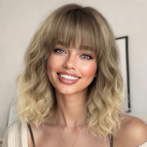 Image of AISI HAIR Curly Bob Wig with Bangs Ombre Blonde Color Short Wavy Wigs for Women Bob Style Synthetic Heat Resistant Bob Wigs