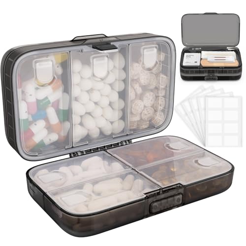 Image of FYY Weekly Pill Organizer with Labels,8 Compartments Travel Daily Pill Case Airtight Moistureproof Large Pill Box to Hold Vitamins, Fish Oil, Supplements,Cotton Swab and Bandages-Black