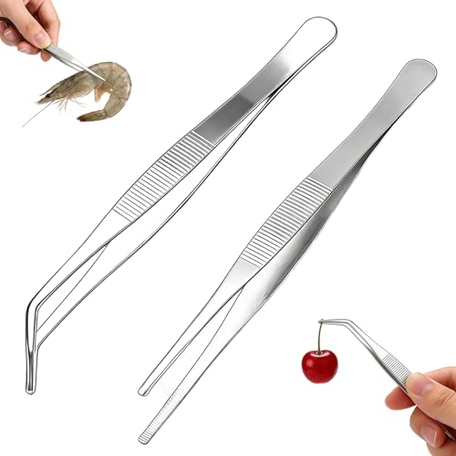 2 Pièces 20cm Pince Cuisine,Professionnel Pince du Chef,Pince Brucelle,pinces en acier inoxydable 20cm longues droites/incurvées,Pincette Culinaire de...
