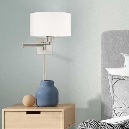 Image of Livex Lighting 40036-91 1-Light Swing Arm Wall Light, Brushed Nickel | Off-White Fabric Shade