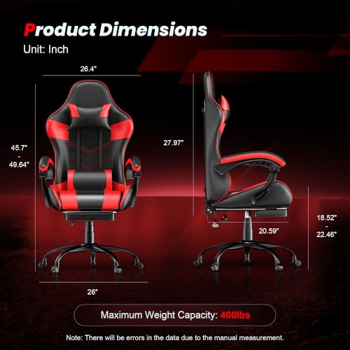 Image of Gaming Chair with Footrest, Ergonomic Video Game Chair with Headrest and Lumbar Support, 400 lbs Adult Chair, Height Adjustable 360 Swivel High Back Reclining Computer Chair for Home Office (Red)