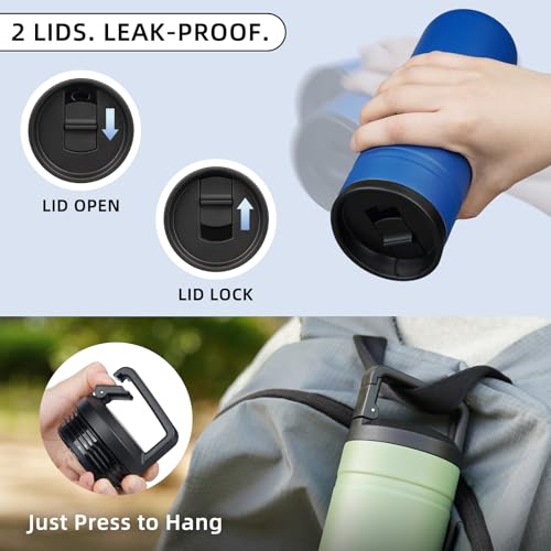 Image of BJPKPK 20 oz Insulated Travel Water Bottle, Coffee Tumbler Stainless Steel | Double Wall Vacuum, Leakproof, Thermal, Keeps Hot /Cold, Dishwasher Safe, Spill Proof, Wide Mouth, 2 Lids, Sapphire Blue