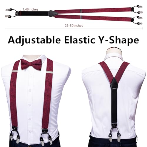 Image of YOHOWA Men Suspenders 6 Clips Strength Adjustable Y Braces Pre-Tied Bow Tie Set Formal Wedding Party