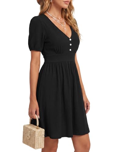 Image of Rooscier Women's Puff Short Sleeve V Neck Button Ruffle A Line Beach Mini Dress