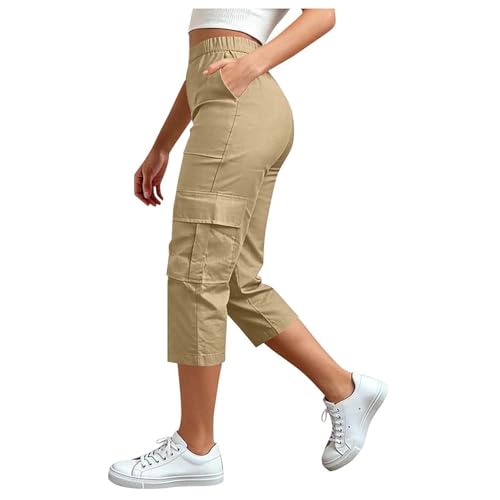 Vhersily Pantalones cargo para mujer 2026 cortos de 3/4 de cintura alta, elásticos ajustados, estilo Capri Strada Streetwear Hip Hop Pantalones de skate Pierna ancha para Trekking Ciclismo Camping, B