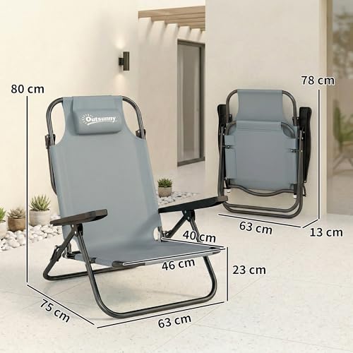 Outsunny Set Di 2 Sedie Da Spiaggia Pieghevoli Con Schienale Regolabile A 5 Livelli, Sedie Da Campeggio Portatili Con Braccioli, Poggiatesta, Grigio Chiaro - 3